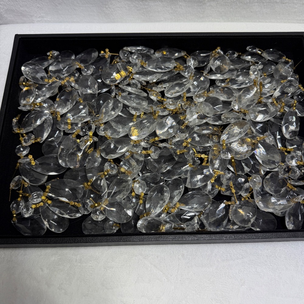 Vintage Lot 140 New Clear Glass Chandelier Prisms Teardrop Gold Bow Connectors